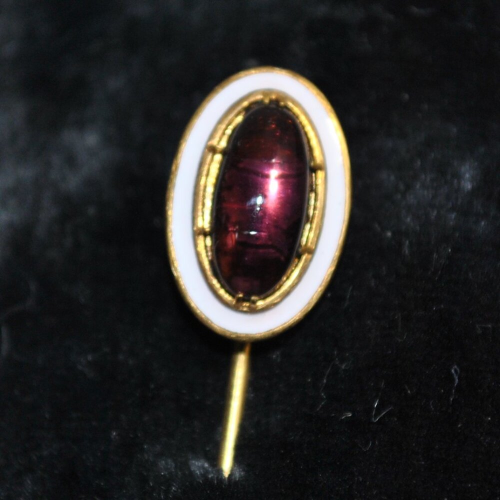 Antique Stick / Tie Pin with Amethyst Glass & White Enamel
